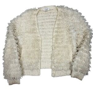 Vintage Accessory Lady Shaggy Fringe Cardigan Cream Knit Open Front Women's M
